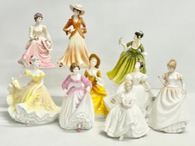 9 Royal Doulton and Coalport figurines. 21cm. 7 Royal Doulton, Ninette HN2379. Ashley HN3420. Sandra