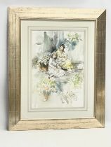 A large watercolour by Gordon King. Girls seated with flowers. 38x55cm. Frame 69.5x86.5cm
