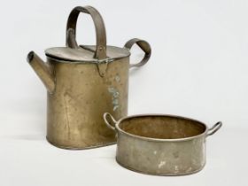 A late 19th century watering can and a 2 handled pan. 42x20x41cm