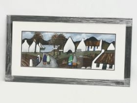 A large oil painting on board by Mary Lou. An Irish village (Omeath) with new frame. 79x30cm.