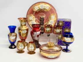 A good collection of vintage Bohemian Glass. A Ruby Glass and gilt vase 26cm. A cake tray 30.5cm.