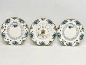 A Royal Albert ‘Moonlight Rose’ wall clock and 2 matching calendar plates. 26.5cm