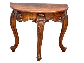 A Victorian Burr Walnut and mahogany Demi Lune hall table on cabriole legs. Circa 1860. 78x50.5x68cm