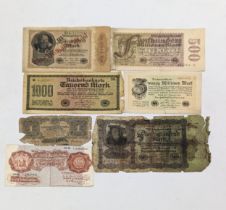 A collection of vintage foreign bank notes.