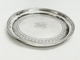 A George III silver card tray. Mounted on wooden base. Stamped London, 1799. 13.5x12.5cm