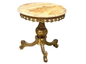 A vintage ornate heavy brass pedestal lamp table with marble top. 45x45cm