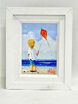 An oil painting on board by Michelle Carlin. Boy with kite. 11x16cm. Frame 20.5x25.5cm