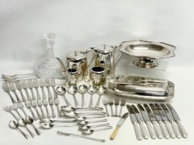 A collection of good quality plated cutlery. 4 piece plated hotel ware set. Crystal decanter (