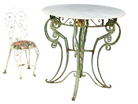 A large late 19th century French wrought iron garden centre table with marble top. 101x99.5cm