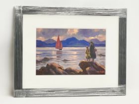 An oil painting on board by Donal McNaughton in a new frame. Awaiting the Catch. 45x29cm. Frame