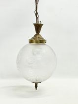 A large vintage ornate brass ceiling light with etched glass shade. 70cm
