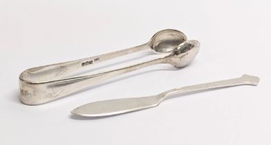 A pair of silver tongs with silver knife. Tongs weigh 27g