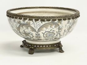 A large hand painted ornate brass bound crackle glazed bowl. Shantou Arts & Crafts. 26.5x14.5cm