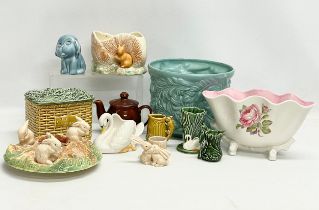 A collection of Sylvac pottery. Jardiniere 23x18cm. Tea Bags 15x12x12cm
