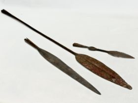 3 19th/early 20th century African Tribal spear heads. 89cm