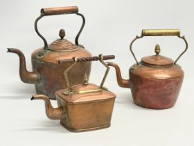3 large Victorian copper kettles. Largest 33x31x33cm. 18x19x25cm. 26x12x21cm
