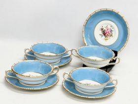 4 1940’s Royal Crown Derby turquoise and gilt soup bowls with saucers.