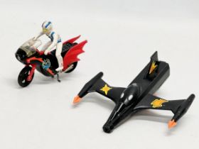 2 DC Comics Batman toys. Evel Knievel on a Corgi Batbike, 1978. A Dinky Toys Trident Starfighter.