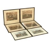 2 sets of late 19th century engravings. 4 The First Steeple Chase on Record 55x48cm. 2 Hunting