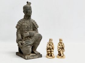 A Chinese terracotta soldier and 2 others. 24cm