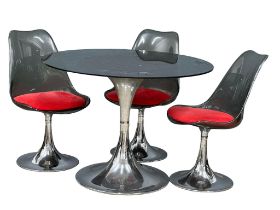A 1970’s Mid Century tulip table and 3 chairs. 106.5x75cm
