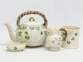 4 pieces of 2nd Period Belleek Pottery. Late 19th/early 20th century. Circa 1891-1926. Teapot