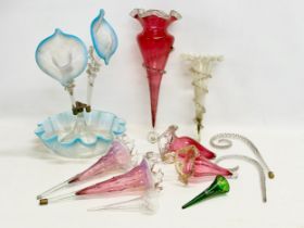 A Victorian epergne and parts. A pair of Victorian Cranberry and Vaseline Glass epergne branches