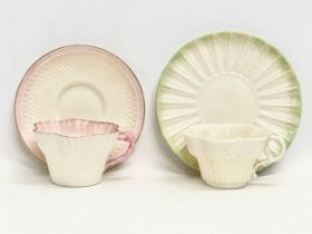 2 second period Belleek pottery cups and saucers, with 1 later saucer. Circa 1926-1946.