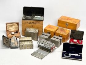 A collection of vintage precision tools. Eclipse magnetic chuck blocks, micrometers etc.
