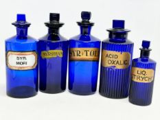 5 Victorian Bristol Blue chemist bottles. 24cm