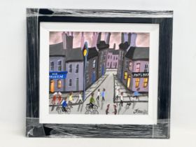 An oil painting on board by John Ormsby. Pat’s Bar and The Tavern. 29.5x24.5cm. Frame 42.5x37.5cm.