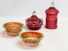 Victorian glassware. A pair of Victorian cranberry, orange glass bowls with Vaseline glass frilled