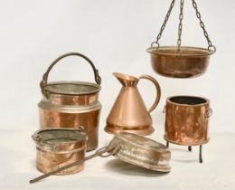 A quantity of Victorian and 20th century copper pots and pans etc.