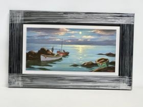 An oil painting on board by Donal McNaughton. Coming Home from the Catch. In a new frame. 60.5x29cm.