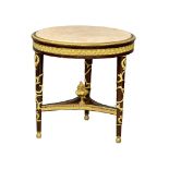 A Louis XVI style centre table with heavy gilt brass mounts and marble top. 78x77cm