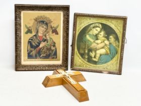 2 early 20th century religious icon prints and a crucifix.