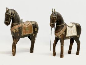 A pair of large early/mid 20th century Indian wooden horses with brass, copper and Mother of Pearl