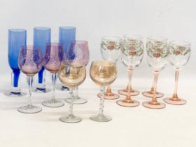 4 sets of Italian and French wine glasses. A pair of 1930’s lustre twist stem Italian wine glasses