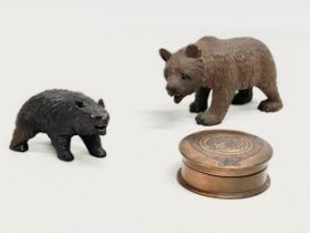 A Black Forest bear, with other and an Irish Decorative Art Association wooden pill box. Bear