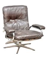 A Norwegian Mid Century leather and chrome swivel armchair.
