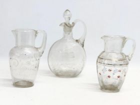 3 pieces of Victorian glassware. 2 Victorian embossed painted jugs 12x17cm. A Victorian etched glass