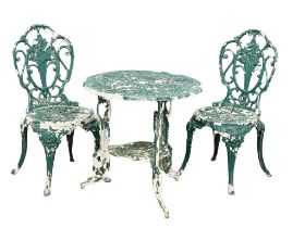 A cast alloy garden table and 2 chairs. 65x65cm
