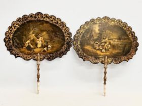 A pair of Victorian hand painted lacquered ladies face screens. 29x34cm