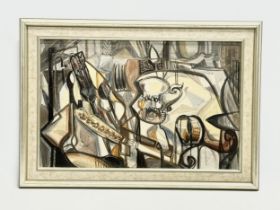 An abstract oil painting on board by Jo March. 1962. 44x28cm. Frame 53x37cm