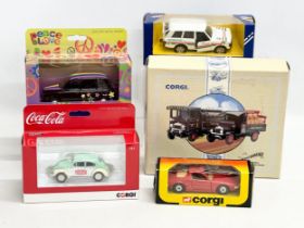 5 Corgi models. Limited Edition Whitbread trucks, Coca Cola VW, Peace & Love Range Rover etc