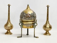 A 19th century Cairo Ware silver and copper inlaid brass incense burner. With a pair of vintage