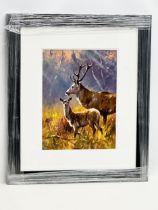 An oil painting on board by Donal McNaughton. Stags in the Field. In new frame. 29x39cm. Frame 56.