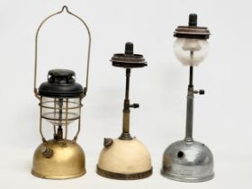 3 Tilley lamps. A Tilley lantern oil lamp, model X246A. A Tilley Classic Pressure lamp, model TL120.