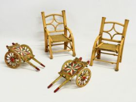 A pair of vintage Chinese style dolls house chairs 9x10x13cm. A pair of carnival flatbed horse carts