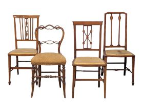 4 mahogany chairs, 1 Victorian balloon back kitchen chair, and 3 Edwardian inlaid mahogany side